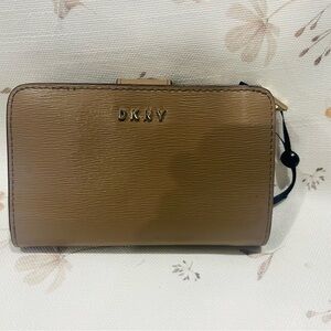 DKNY Caramel Brown Leather Compact Wallet with Gold Logo